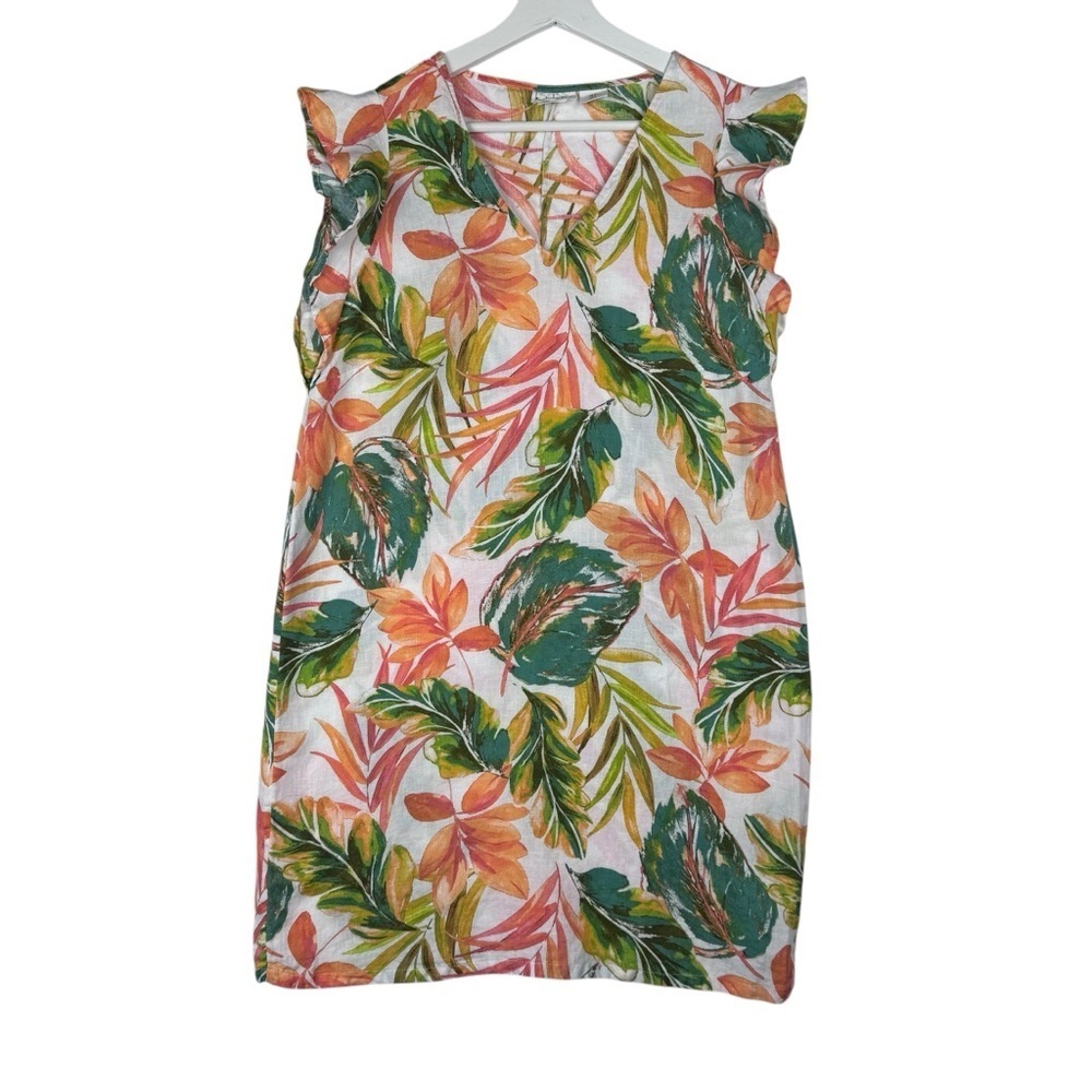 Nicole Miller Linen Dress Tropical Ruffle Sleeve Size Small V-neck